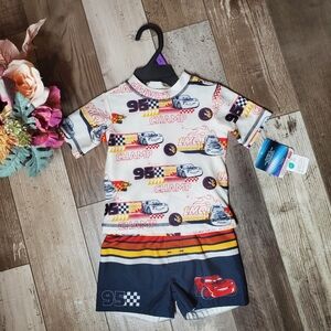 NWT Disney Pixar Cars Toddler Boy Short Sleeve Rash Guard and Swim Shorts Set
